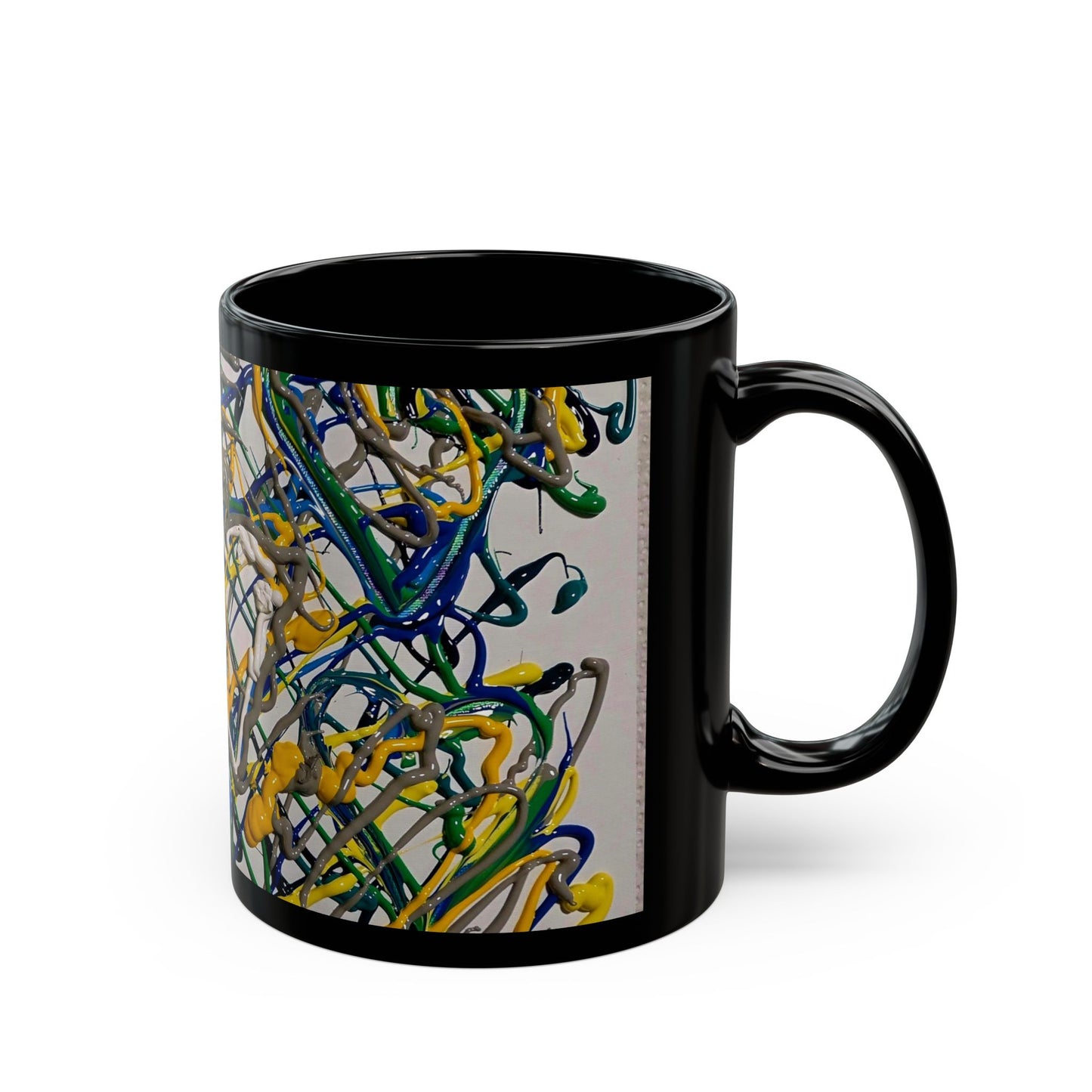 Abstract Drip Drizzle Art Black Coffee Mug — Colorful Paint Splash Design (11oz, 15oz)