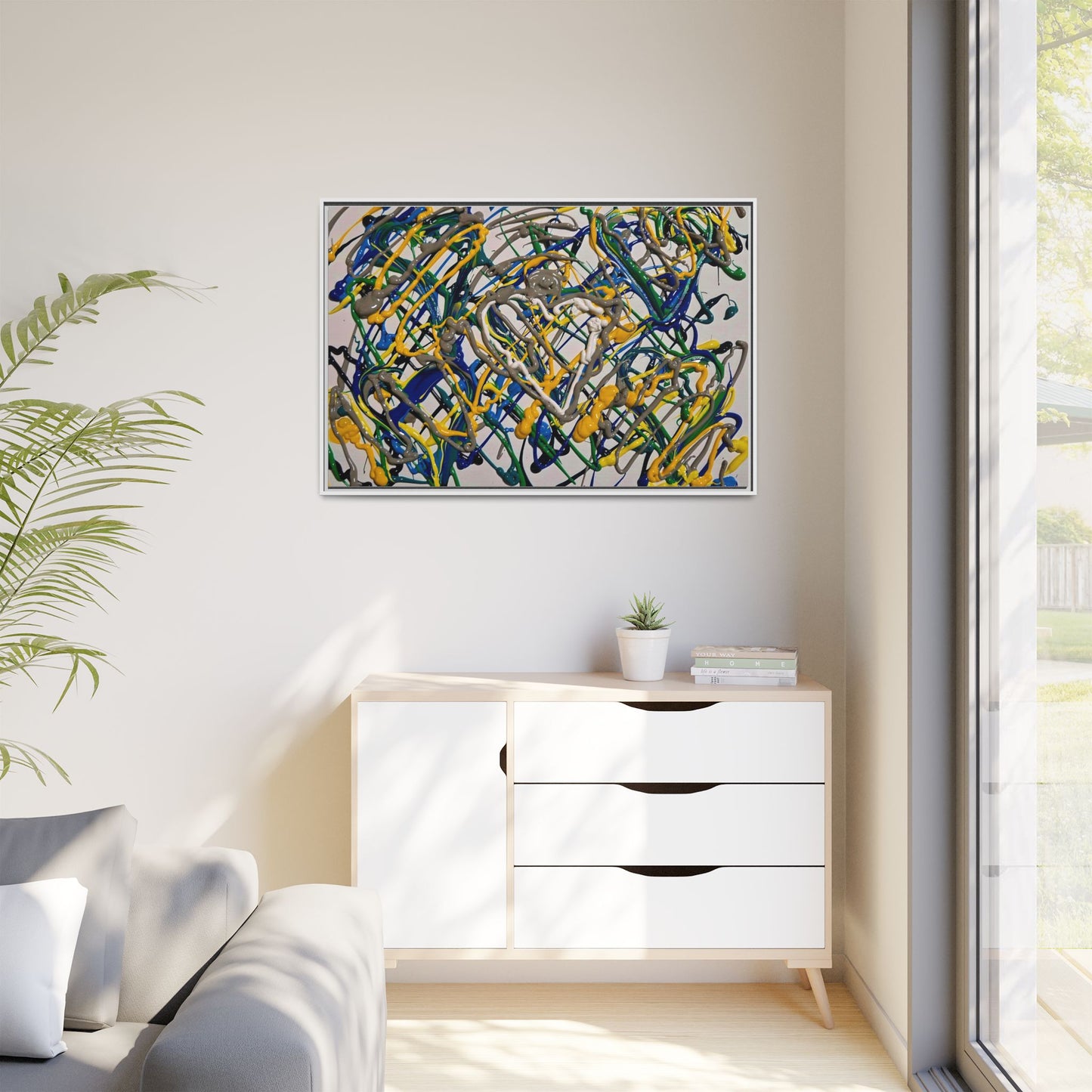 Abstract Multicolor Drizzle Drip Painting — Framed Matte Canvas Wall Art